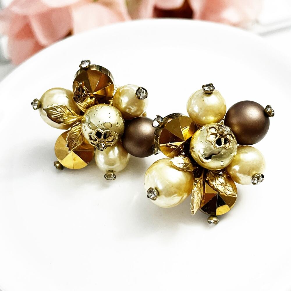 Vendome Vintage Gold & Cream Beaded Cluster Clip Earrings